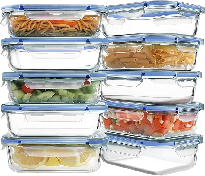 HOMBERKING 10 Pack Glass Meal Prep Containers, Glass Food Storage Containers with Lids, Airtight Glass Lunch Bento Boxes, BPA-Free & Leak Proof (10 lids & 10 Containers) - Deep Blue