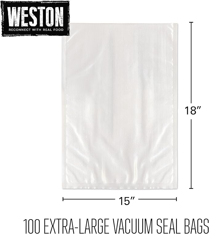 Weston Vacuum Sealer Bags, 2 Ply 3mm Thick, for NutriFresh, FoodSaver & Other Heat-Seal Systems, for Meal Prep and Sous Vide, BPA Free, 15" x 18" (Extra Large), 100 Count, Clear