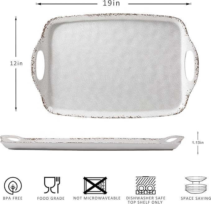Farmhouse Melamine Serving Tray with Handles, Set of 2, 19"x12" Extra Large Rectangular Turkey Serving Platter, Serving Food Trays for Entertaining, Christmas,Thanksgiving,Party, Ivory
