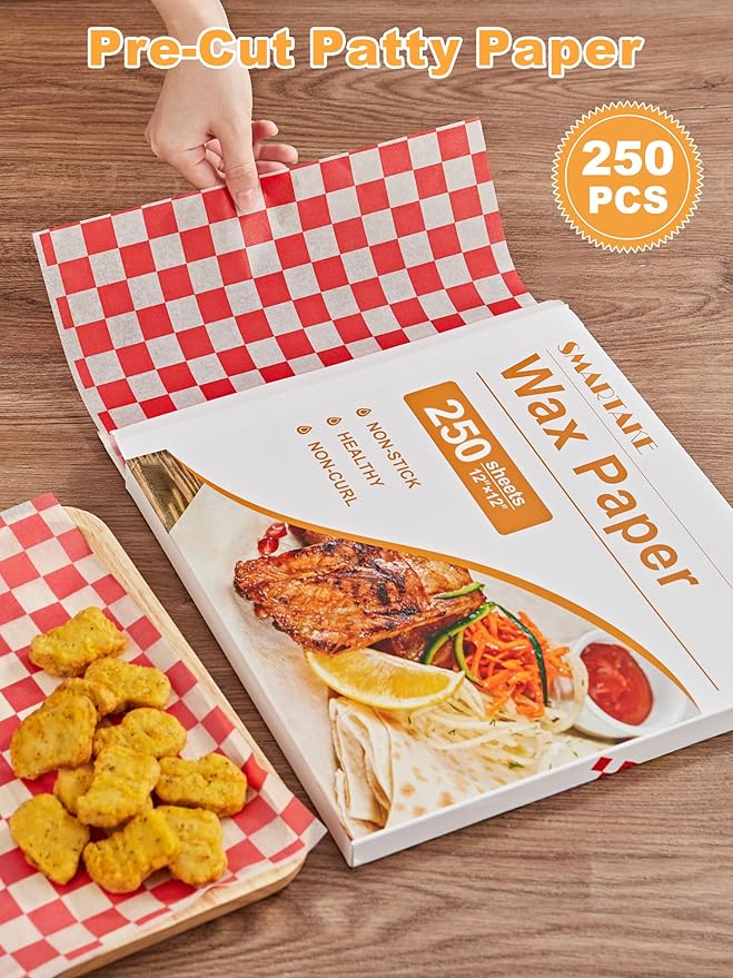 SMARTAKE 12 x 12 Inches Wax Paper for Food, 250 Pcs Non-Stick Hamburger Patty Paper, Square Sandwich Separators Wrapping Paper, for Lunch, Restaurants, Barbecues, Picnics, Parties, Red Plaid