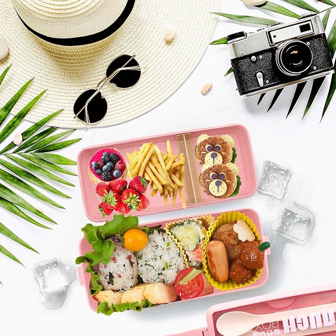 Bento Box Japanese Lunch Box Kit Leakproof Bento Lunch Box for Kids Adults Wheat Straw 3 Layer Stackable Lunch Containers with Compartment Eco-Friendly Meal Prep Containers (Pink)