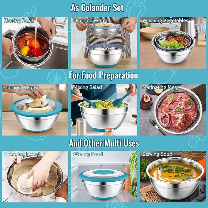 P&P CHEF 4-In-1 Stainless Steel Colander with Bowl Set, Rotatable Strainers for Kitchen, Fruit Cleaner, Washing Fruit & Draining Pasta, Mixing Bowl and Lid with Grater for Salad, Blue