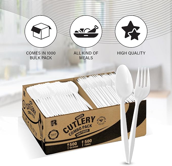 1000 Pcs Plastic Utensils Set - 500 Forks And 500 Spoons - Premium Plastic Forks And Spoons - Medium Weight Silverware Set - Bulk Disposable Cutlery