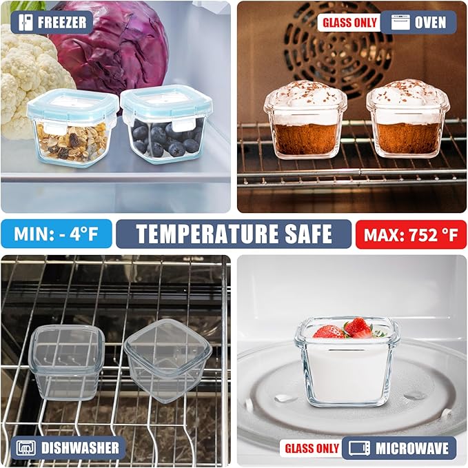 Small Glass Containers 6 Pack, 6 oz Reusable, Airtight, Leakproof Mini Food Storage Containers with Lids