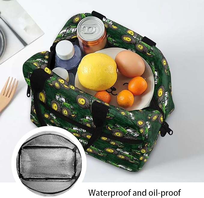 Showudesigns Truck Insulated Lunch Bags for Boys 8-12 Kids Lunch Box Lightweight Food Cooler Tote Bag Primary School Shopping Bag with Shoulder Strap Thermal Organizer Green