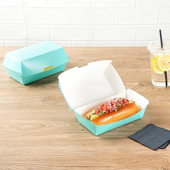 Restaurantware Bio Tek 6.7 x 3.5 x 3.5 Inch Clamshell Food Containers 100 Disposable Sandwich Containers - Hinged Lid Tab-Lock Closure Turquoise Paper Hot Dog Containers Durable Greaseproof