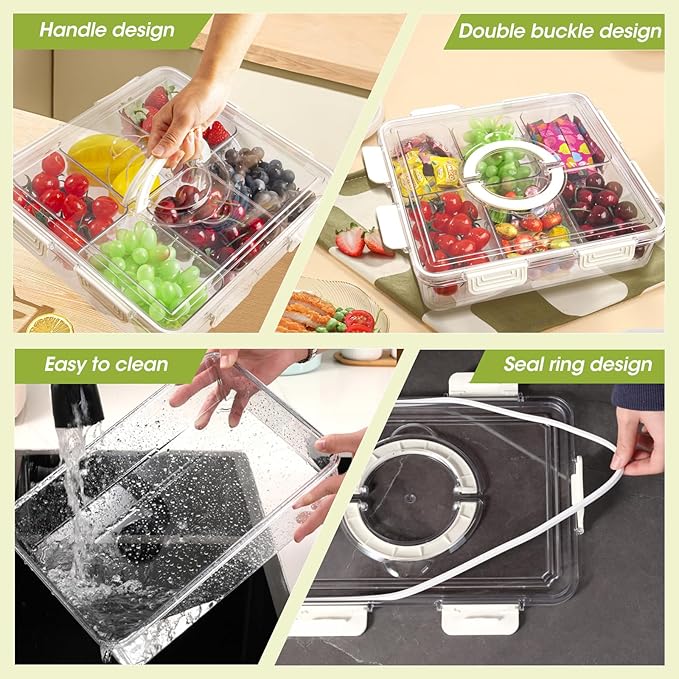 2PCS Divided Serving Tray with Lid & Handle, 6 Compartment Removable Snack Box, Kitchen Organizers and Storage, Snackle Box Container, BPA-Free Fruit Storage Container for Berry, Snack, Candy, Nuts…