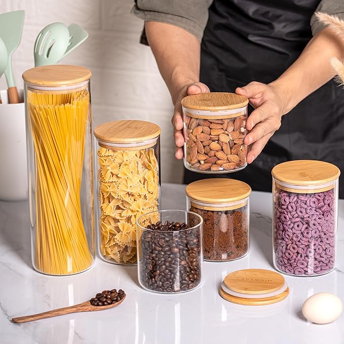 Laramaid Glass Jar Set (2x22oz/2x35oz/2x45oz) Set of 6 with 160 Minimalist Pantry Labels, Round Canister Jars with Bamboo Lids and Transparent Customized Sticker Labels, Food Storage Containers