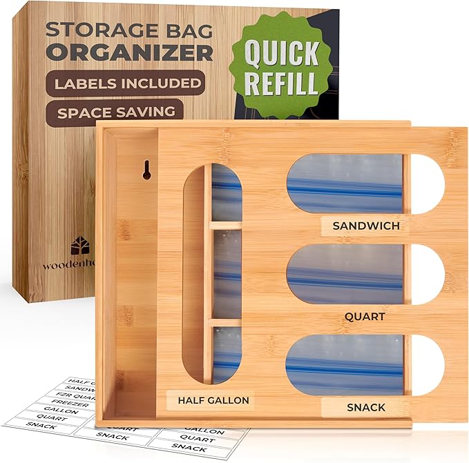 Storage Bag Organizer, Sandwich Bag Organizer - Bamboo Monoblock Design with Labels Included, Quick Refill Slider, by Woodenhouse