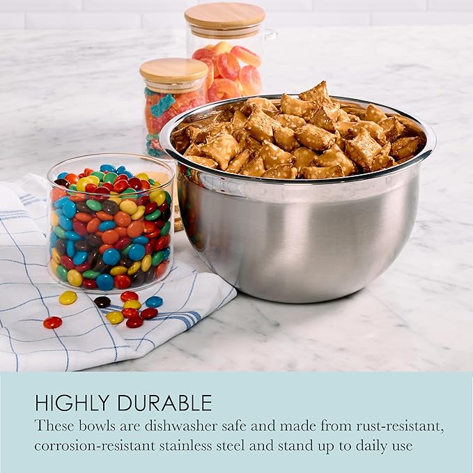 Chicago Metallic Stainless Steel Bowls, Versatile Nesting Mixing Bowls for Every Kitchen Task, Set of 3