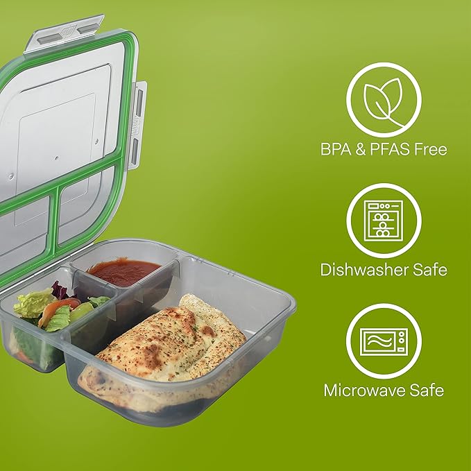 Small to-Go 3-Compartment Food Container, 8" x 8" x 2-1/2", Reusable, Microwave Safe, NSF Certified, Smoke/Green