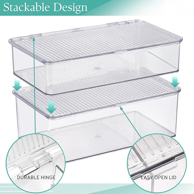 Sorbus Sturdy Plastic Storage Bins with Lid- Stackable Refrigerator Organizer Bins- MultiPurpose Versatile Lightweight Pantry Organizer- Perfect Cabinet Organizer and Storage for Kitchen- 2 Pack (S,M)