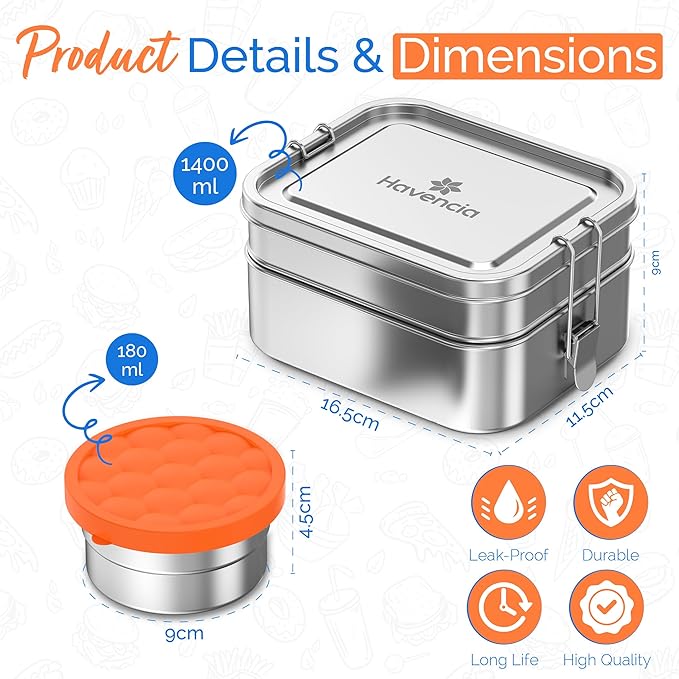 Stackable Stainless Steel Lunch Box With Snack Box 1400ml - Bento Box for Kids & Adults, Lunchable Food Container, Eco-Friendly Metal for School, Work & Travel