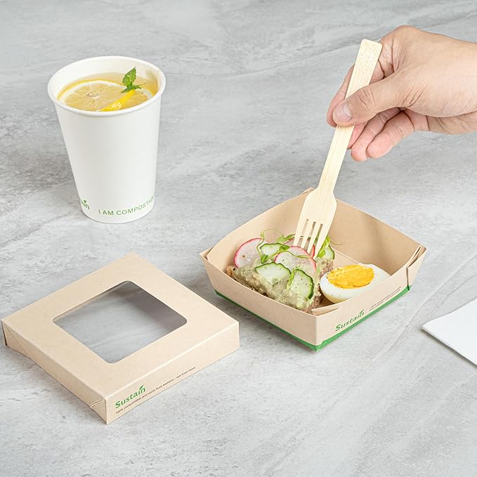 Restaurantware-13 Ounce Sturdy Paper Take Out Boxes, 200 Disposable Take Out Food Containers - With PLA lining, Paper Lid With Clear PLA Window, Bamboo Paper Containers, Compostable, Greaseproof