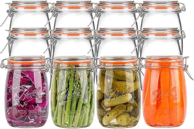 32oz Wide Mouth Mason Jars (12 Pack) – Reusable Airtight Glass Storage Jars with Hinged Lids, BPA-Free & Dishwasher Safe, Perfect for Canning, Pickling, Coffee & Fermenting