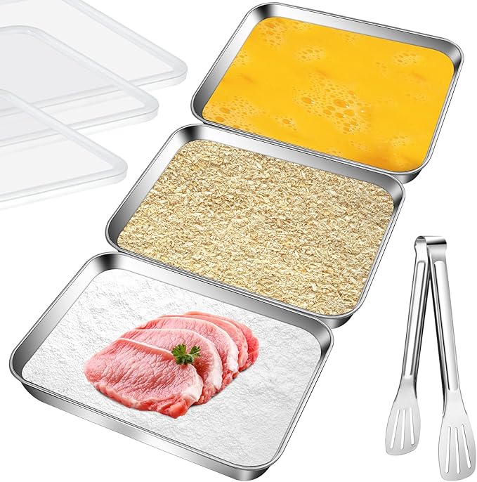3 Set Stainless Steel Breading Trays Set with Lids, Dust Proof Breading Pans with Tong for Dredging Chicken Breasts,Marinating Meat, Food Prep Trays Oven & Dishwasher Safe