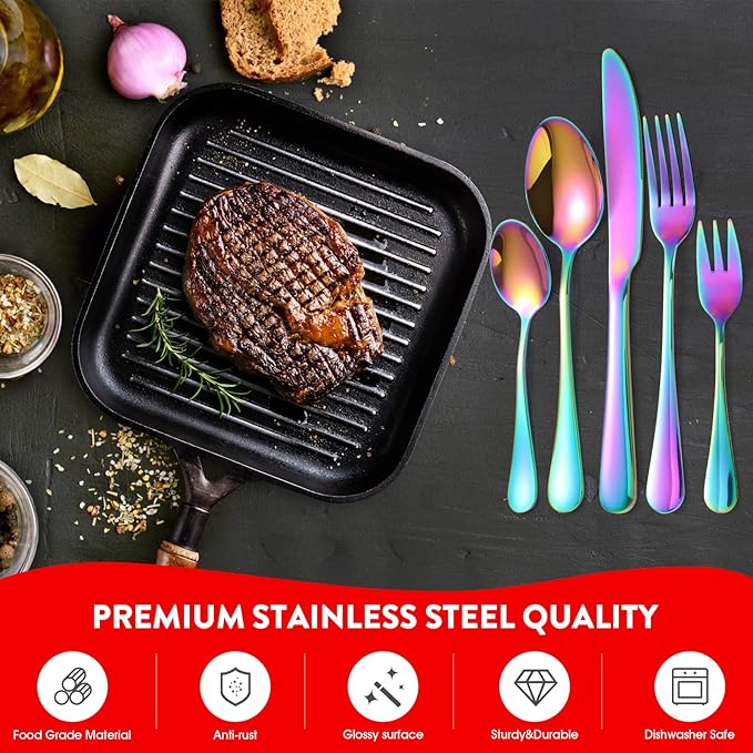 30 Piece Rainbow Silverware Set with Gift Box for 6, Colorful Stainless Steel Flatware Cutlery Set, Home Kitchen Tableware Utensil Set, Include Spoons Forks Knives