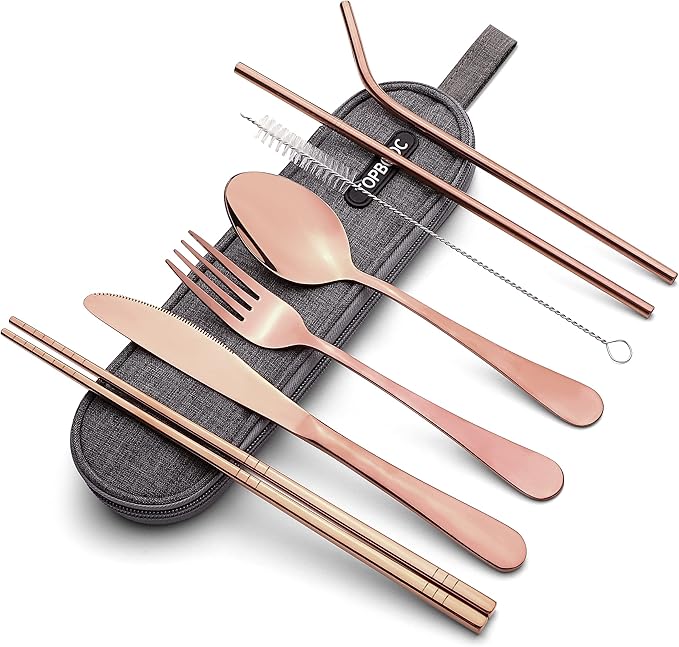 Portable Stainless Steel Flatware Set, Travel Camping Cutlery Set, Portable Utensil Travel Silverware Dinnerware Set with a Waterproof Case (Rose God)