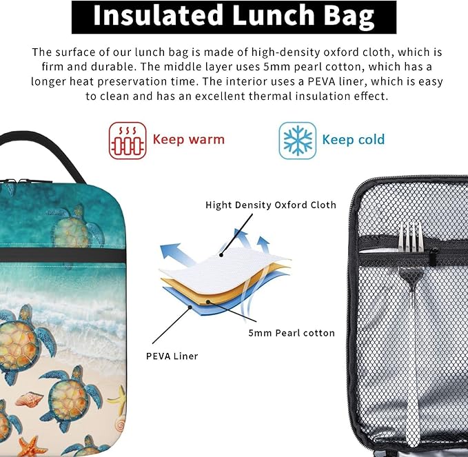 YETTA YANG Sea Turtle Beach Starfish Ocean Portable Lunch Bag Insulated Lunch Box Reusable Totes For Women Men Work Picnic Camping