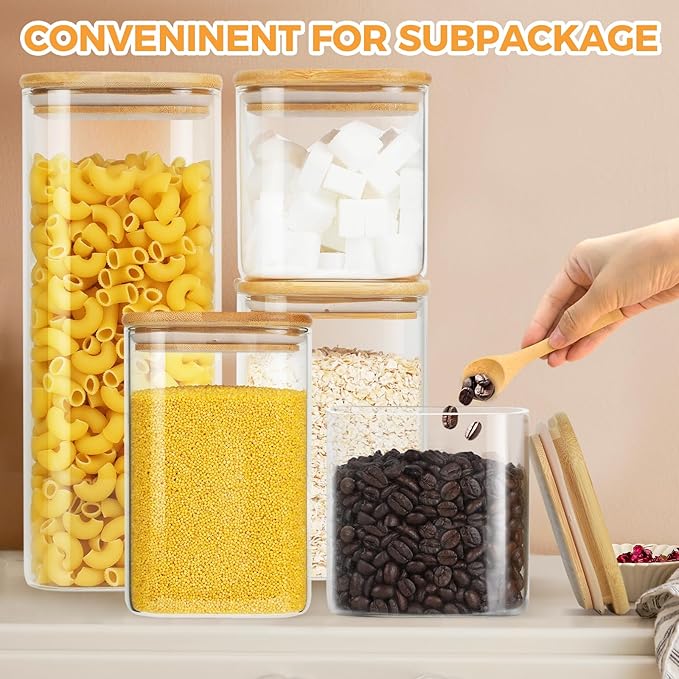 Glass Food Storage Jars with Bamboo Lids Square, Includes 1 Set of 74oz, 2 Set of 41oz & 27oz Storage Kitchen Canisters Pantry For Cookies Cereal Nuts Coffee Beans (Set of 5)