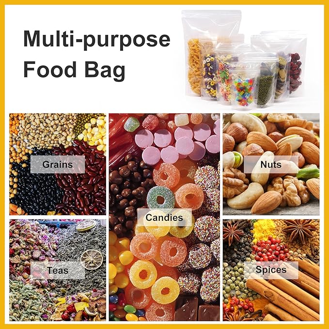 SumDirect 100Pcs 7x10.2 Inches Clear Stand Up Food Bags, Zipper Stand-up Reusable Sealing Food Pouches Snack Packing Bag with Tear Notch Heat Resealable for Storing, Cookie, Snack Tea and Drinking