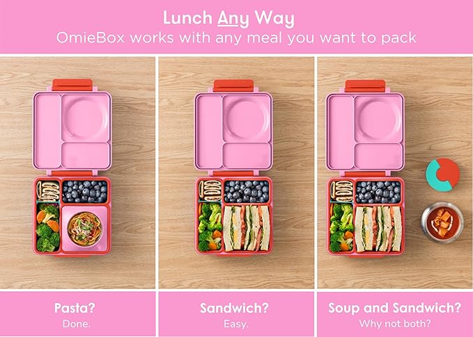 OmieBox Bento Box for Kids - Insulated with Leak Proof Thermos Food Jar - 3 Compartments, Two Temperature Zones (Single) (Packaging May Vary)