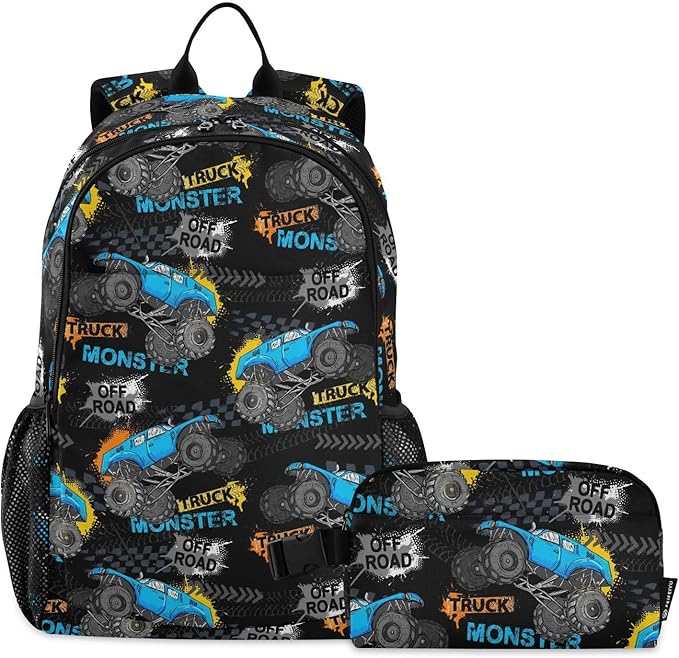 Emelivor Monster Truck Tires Kids Backpack for Girls Boys School Bookbag with Insulated Lunch Box for Preschool Primary School Backpack Set