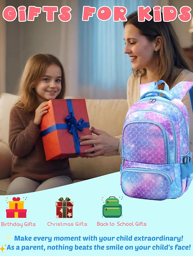 BLUEFAIRY Girls Backpack with Lunch Box Set Mermaid School Bag Set for Kids Elementary Primary School Book Bags Back to School Bookbags for Childs Lightweight Mochila para Niñas Cute Gifts Aged 4-8