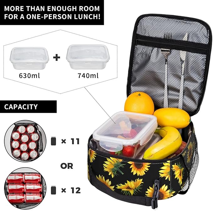 YETTA YANG Sunflower Flower Floral Black Portable Lunch Bag Insulated Lunch Box Reusable Totes For Women Men Work Picnic Camping