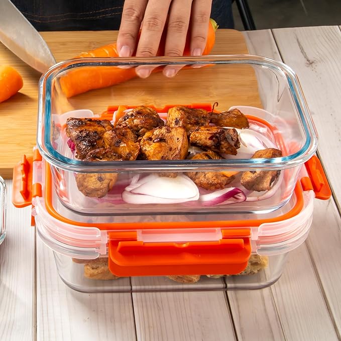 10 Pack Glass Food Storage Containers with Airtight Lids, Ideal for Meal Prep, Lunches - Microwave and Dishwasher Safe, Orange
