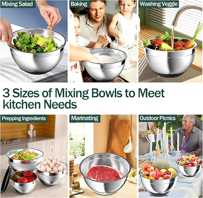 Mixing Bowls with Airtight Lids, Stainless Steel Mixing Bowl Set with 3 Metal Nesting Bowls, Colander & Grater, Non-Slip Bottoms, Size 1.5, 2.5, 6 QT, Great for Mixing & Serving, Black