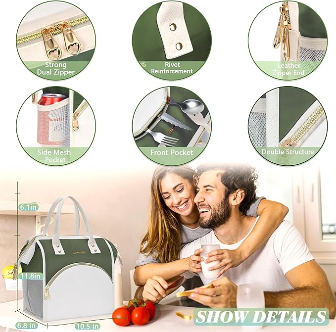LOKASS Lunch Bag Women Insulated Lunch Box, Wide-Open Lunch Tote Bag Leak-proof Cooler Bag for Work Picnic-(Army Green)