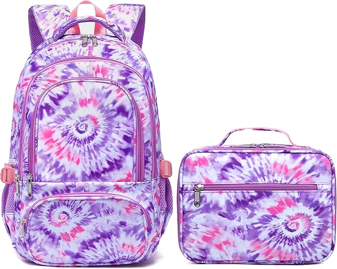 BLUEFAIRY Girls Backpack with Lunch Box Kids Bookbag Set Elemenatry School Bag 17" with insulated Lunch Bag Lunchbox Set Cute Back to School Gifts Mochilas Escolares para Niñas Tie Dye Purple