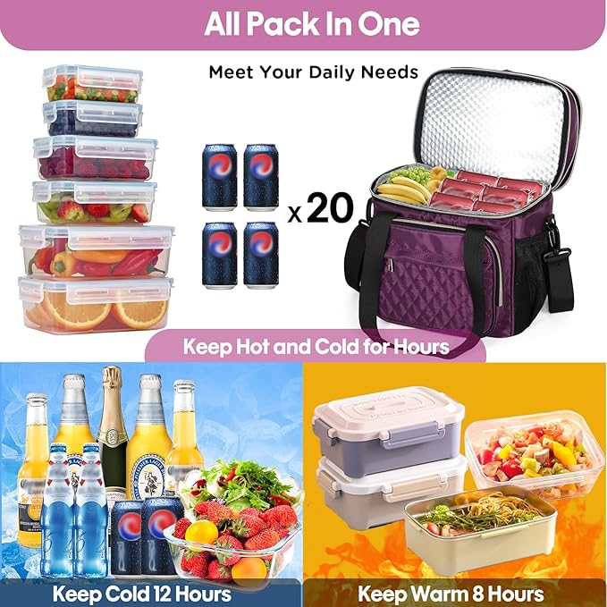 GLENKEY Expandable Insulated Lunch Box, Double Deck Lightweight Large Lunch Bag Tote Leakproof Cooler Bags for Women Adults Work Outdoor Picnic Daytrip, Purple,16L