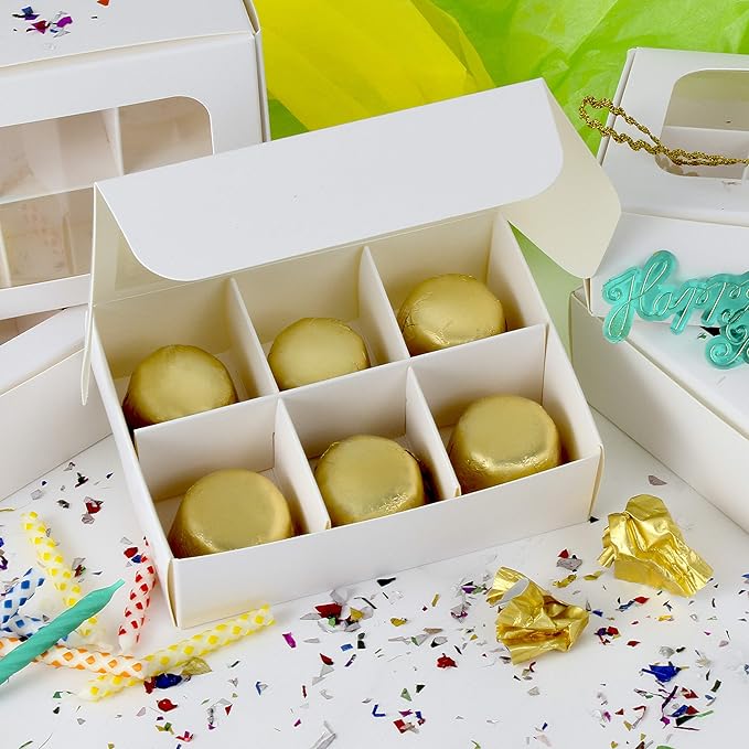 Treat boxes with window and dividers | 6 X-SMALL compartments | 5 x 3.5 x 1.57 in | Empty candy boxes for gift giving, truffle box - perfect for Valentine's Day | 20-pack (White)