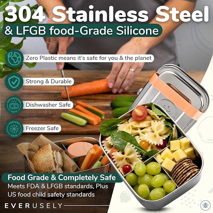 Everusely - Bento Box for Kids - Orange, 6.5x4.7 / 27oz - Stainless Steel Lunch Box w/Leakproof Condiment Container - 3 Compartment Snack Box for School, Office Meals - Freezer & Dishwasher Safe