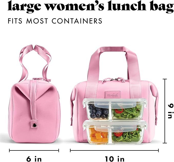 Fit & Fresh Neoprene Like Lunch Bag For Women, Insulated Womens Lunch Bag For Work, Tear & Stain Resistant Large Lunch Box With Containers and Ice, Machine Washable Remi Lunch Bag, Pink