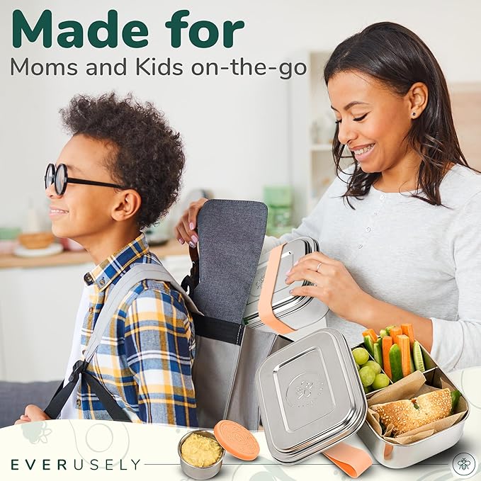 Everusely - Bento Box for Kids - Orange, 6.5x4.7 / 27oz - Stainless Steel Lunch Box w/Leakproof Condiment Container - 3 Compartment Snack Box for School, Office Meals - Freezer & Dishwasher Safe