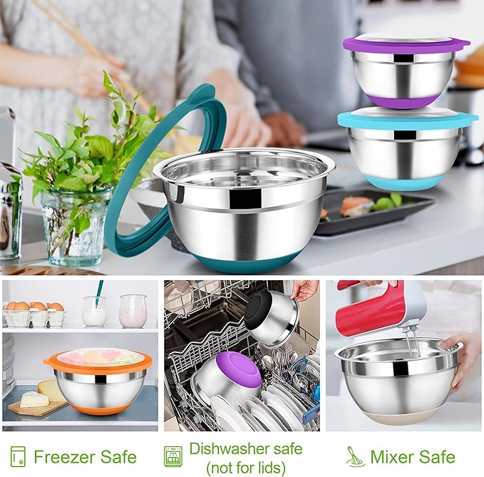 TeamFar Mixing Bowls with Lids, 4.6/3.5/2/1.5/1/0.7 QT Stainless Steel Nesting Salad Bowls with Airtight Lids, For Mixing Serving, Non-Toxic & Sturdy, Non-Slip & Visible, Multi-Color, Set of 6