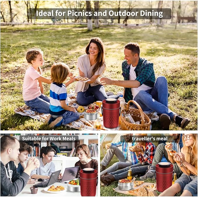 67oz Thermos for Hot Food,3-Layer Sealed Stackable Food Thermos,with Lunch Bag Soup Thermos Wide Mouth,It Is Suitable for Daily Office Meals, and Outdoor Meals (Red)