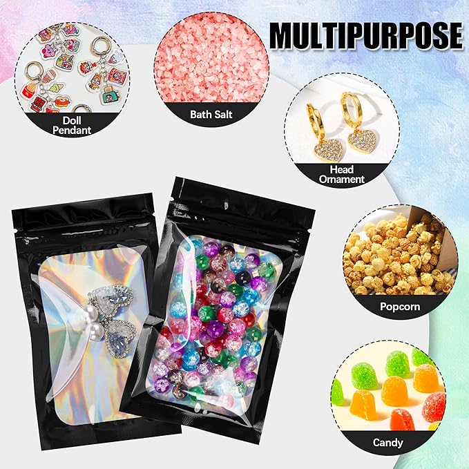 100 Pcs Holographic Bags Black Mylar Bags with Clear Window Packaging Bags for Food Storage Sealable Bags for Small Business(3×5Inch)