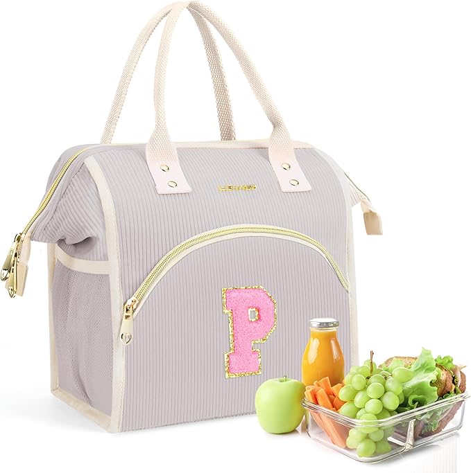 Personalized Initials Lunch Box for Women& Men, Preppy Reusable 10 L Insulated Lunch Bag, Leakproof Large Adults lunch tote Cooler Bags Insulated for Beach,Travel,Work, Picnic-Birthday Gifts(Gray P)