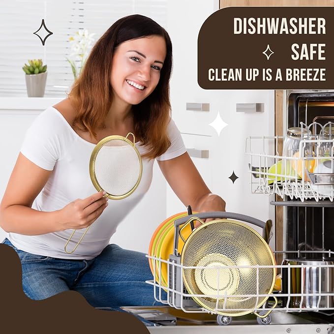 Baderke 7 Pcs Gold Kitchen Accessories Includes 4 Quart Stainless Steel Gold Colander and 3 Pcs Fine Mesh Strainer, Size 1, 1.5, 2 Qt Mixing Bowls with Airtight Lids for Kitchen Baking Serving Food