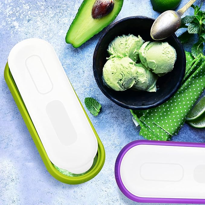 Patelai 2 Pieces Ice Cream Storage Containers with Lids and Non Slip Base Set 2.5 Quarts Ice Cream Tubs Reusable Homemade Ice Cream Container for Freezer (Green and Purple)