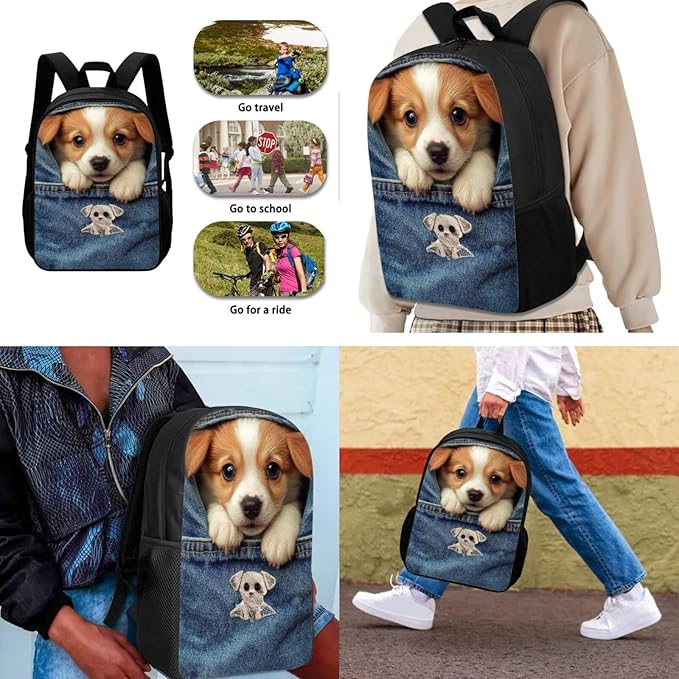 Dolyues Pocket Puppy Kawaii Girls 3-in-1 Backpack Kit: 17 Inch Kids Backpack, Insulated Lunch Bag & Animal Pencil Pouch - Multiple Pockets & Adjustable Straps