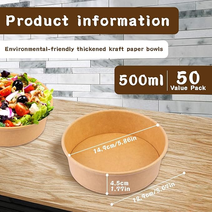 17 oz 50 Pack Large Kraft Paper Bowls with Lids, Paper Salad Bowls, Disposable Soup Salad Bowls, Paper Food Container for Salad Hot Cold Food