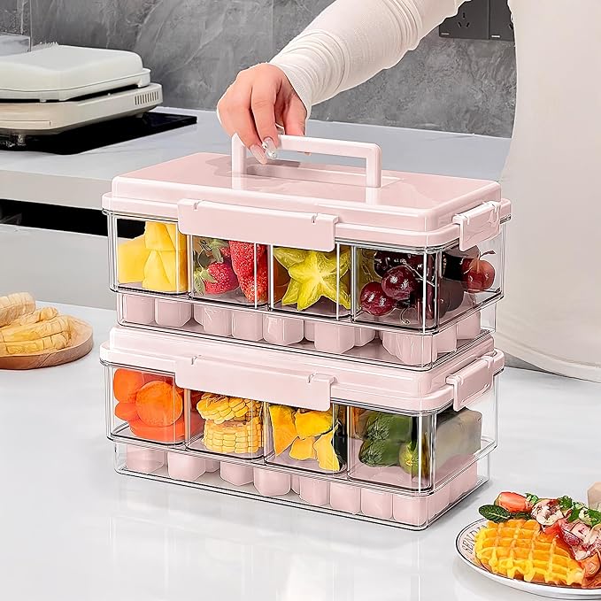 Eanpet 2Pack Ice Chilled Condiment Caddy with 4 Containers & 4 Lids Fruit Serving Tray Platter with Handle Portable Condiment Organizer Server for Mimosa Bar Supplies,Salad,Taco,Party Garnish,Pink