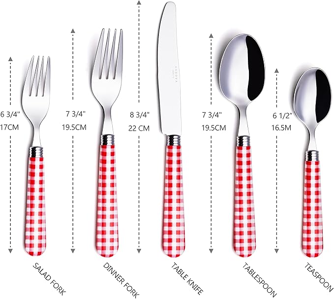 ANNOVA Silverware Set 20 Pcs Stainless Steel Cutlery Color Handle Flatware - 4 x Dinner Knife; 4 x Dinner Fork; 4 x Salad Fork; 4 x Dinner Spoon; 4 x Dessert Spoon (Red/Gingham Checkered) Christmas