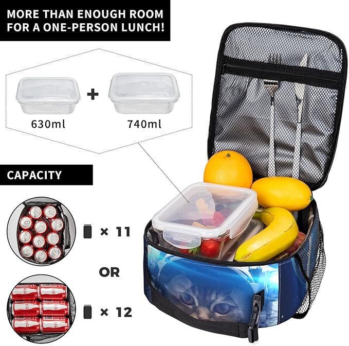 YETTA YANG Space Galaxy Cat Cool Portable Lunch Bag Insulated Lunch Box Reusable Totes For Women Men Work Picnic Camping