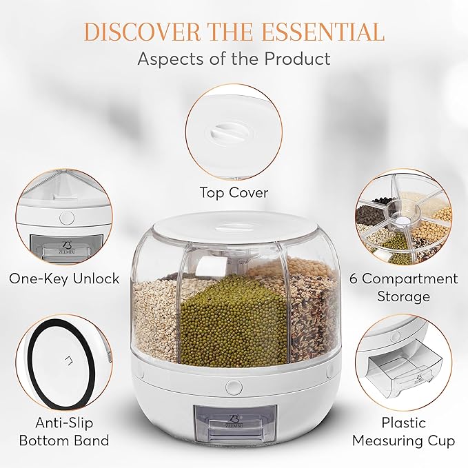 Grain and Rice Dispenser, 8 Quarts Rotating 360° Kitchen Dry Food Storage Container with 6 Compartments, Easy Disassembly for Cleaning, Compact Design